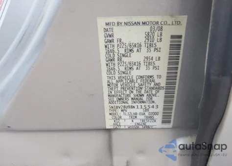 2008 Nissan Quest 3.5 S z USA, uszkodzony, nr VIN 5N1BV28U98N115543